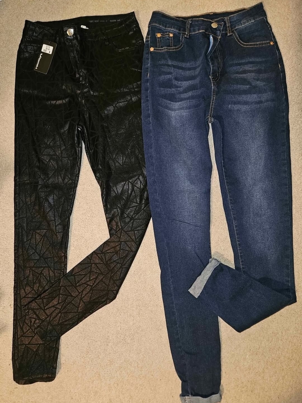 SheinBlack Geometric Faux Leather Pants & Dark Blue Stretch Jeans - Two Pair Set